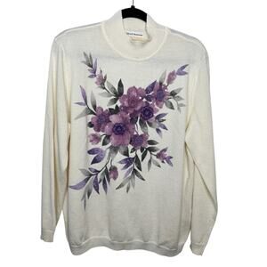 ALFRED DUNNER / vintage cream purple floral metallic grandma sweater / 1X